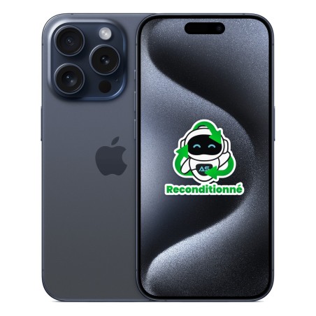 iPhone 15 Pro reconditionné Titane bleu – dos et face