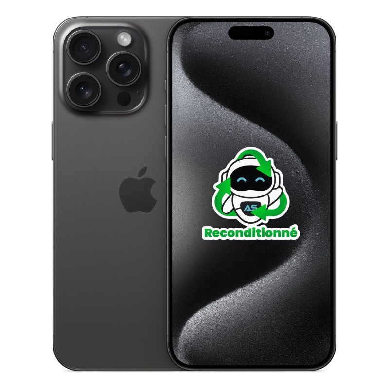 iPhone 15 Pro Max reconditionné Titane noir – dos et face