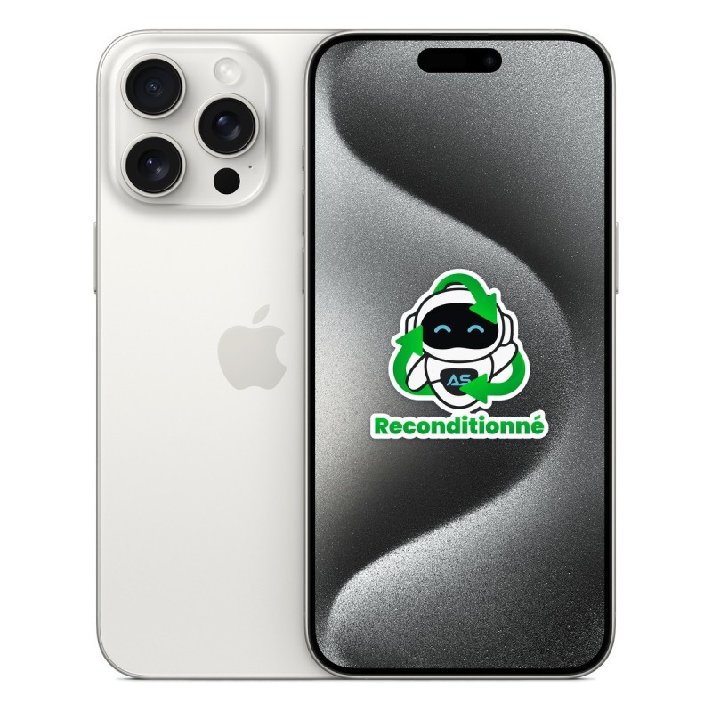 iPhone 15 Pro Max reconditionné Titane blanc – dos et face