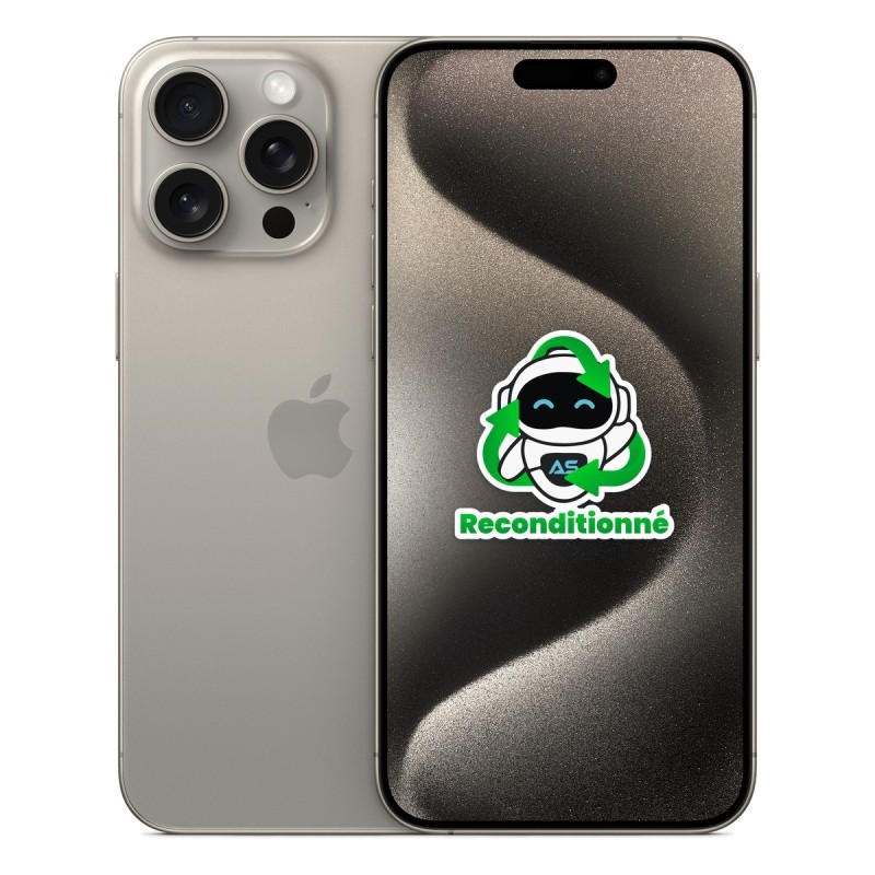 iPhone 15 Pro Max reconditionné Titane naturel – dos et face
