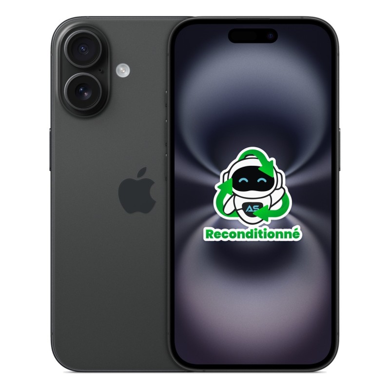 iPhone 16 reconditionné Noir – dos et face