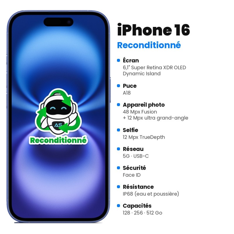 iPhone 16 reconditionné – caractéristiques