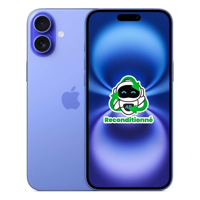 iPhone 16 Plus reconditionné Bleu – dos et face