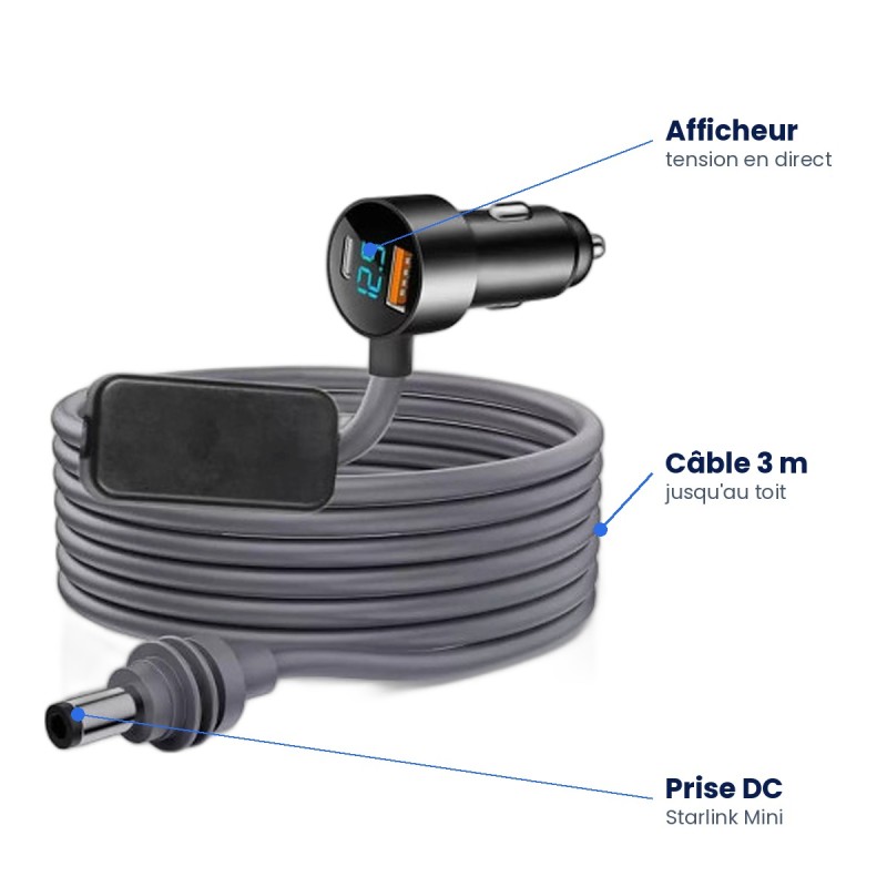 Câble allume-cigare à afficheur avec convertisseur 30 V pour Starlink Mini - 3 m