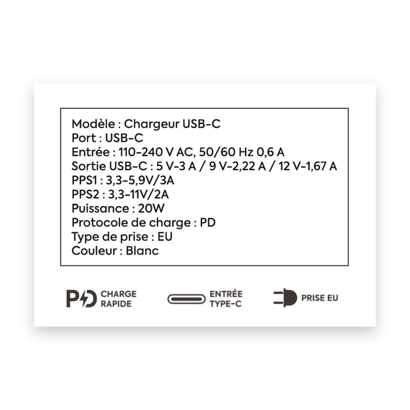 Adaptateur USB-C 20W charge rapide | AS Mobiles Guyane