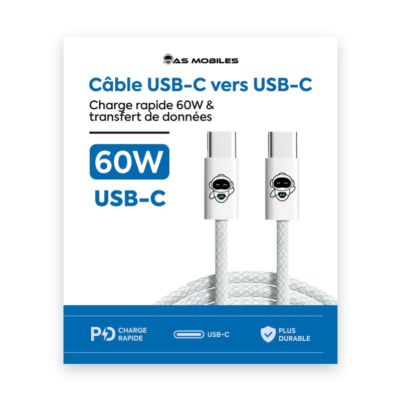 Câble USB-C tressé 60W 1 m | AS Mobiles Guyane