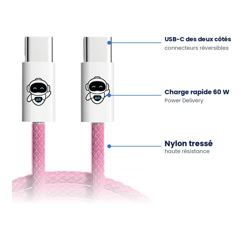 Câble USB-C tressé 60W 1 m | AS Mobiles Guyane