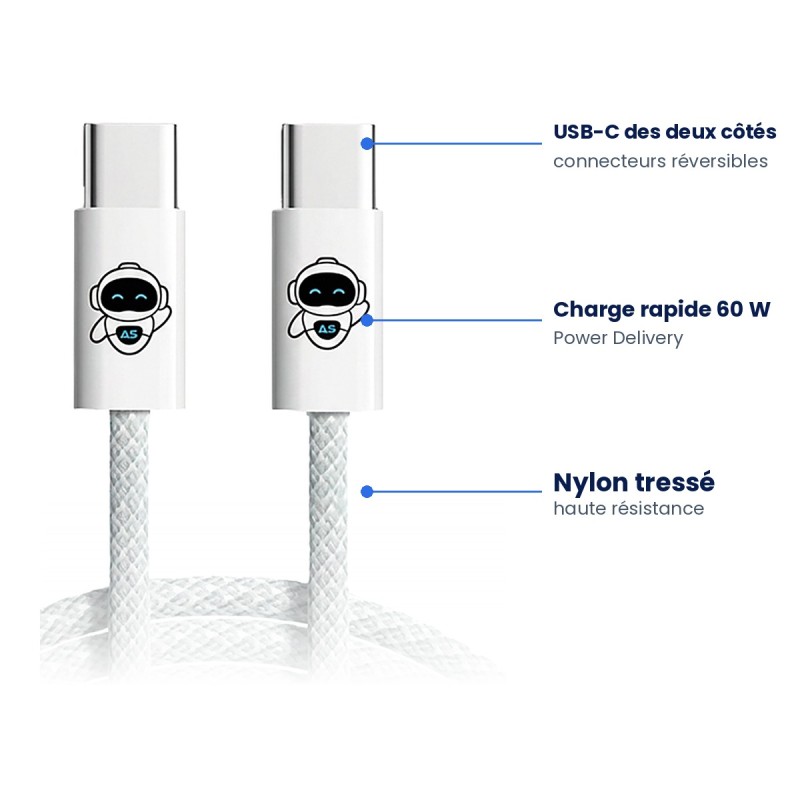 Câble USB-C tressé 60W 2 m | AS Mobiles Guyane