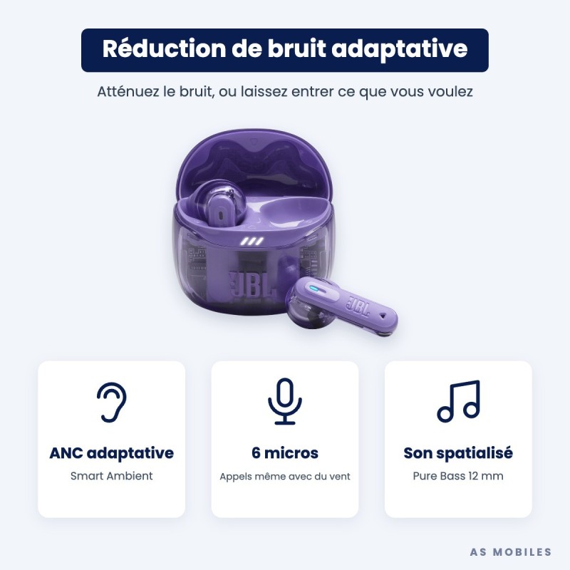 JBL Tune Flex 2 Ghost | Écouteurs sans fil ANC | Guyane