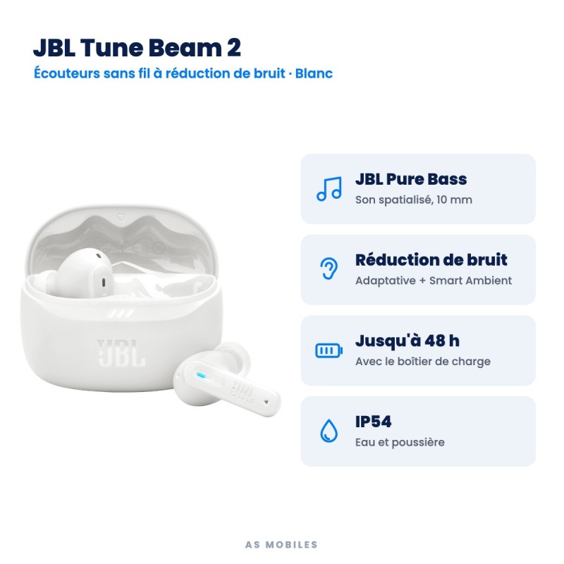 JBL Tune Beam 2 Blanc ou Bleu | AS Mobiles Guyane