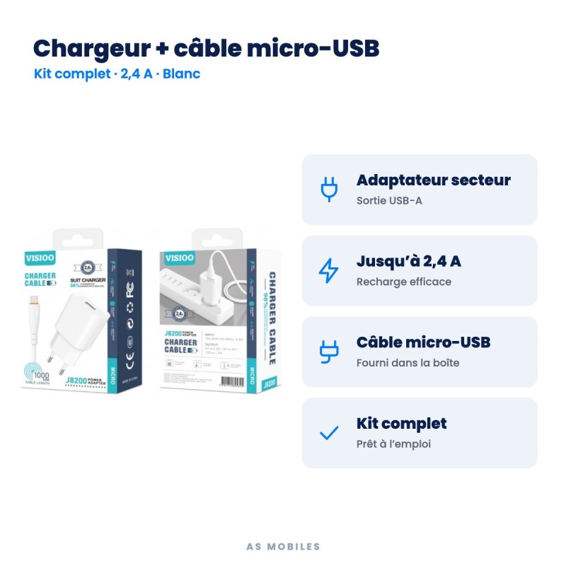 Chargeur secteur 2,4 A + câble micro-USB | AS Mobiles