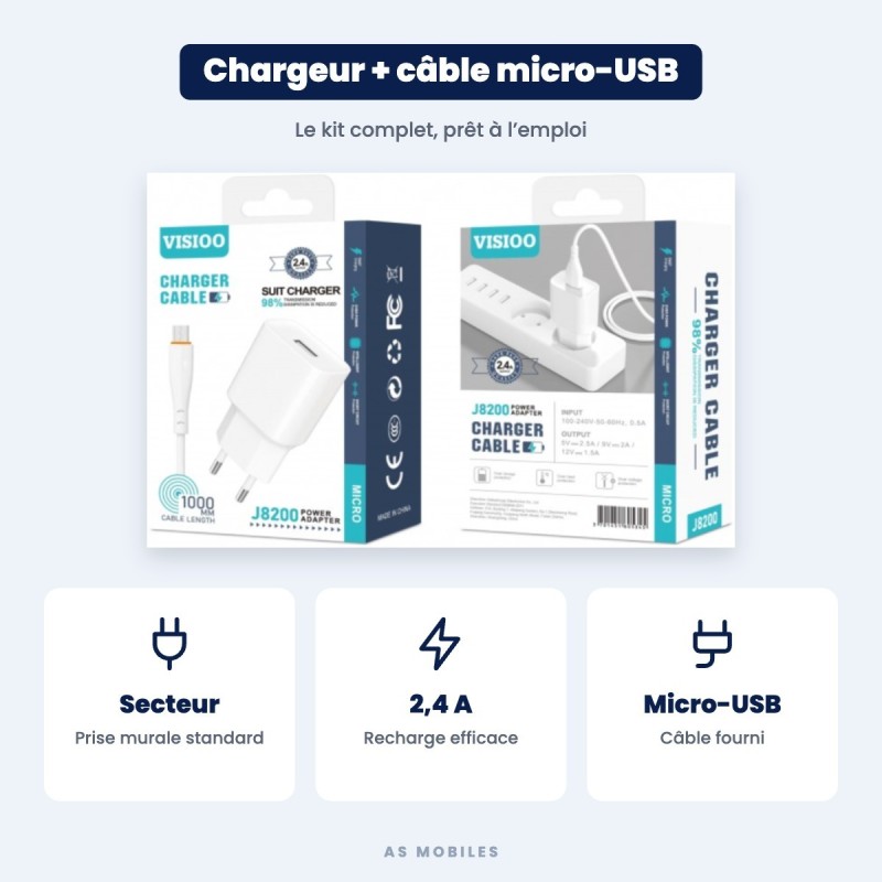 Chargeur secteur 2,4 A + câble micro-USB | AS Mobiles