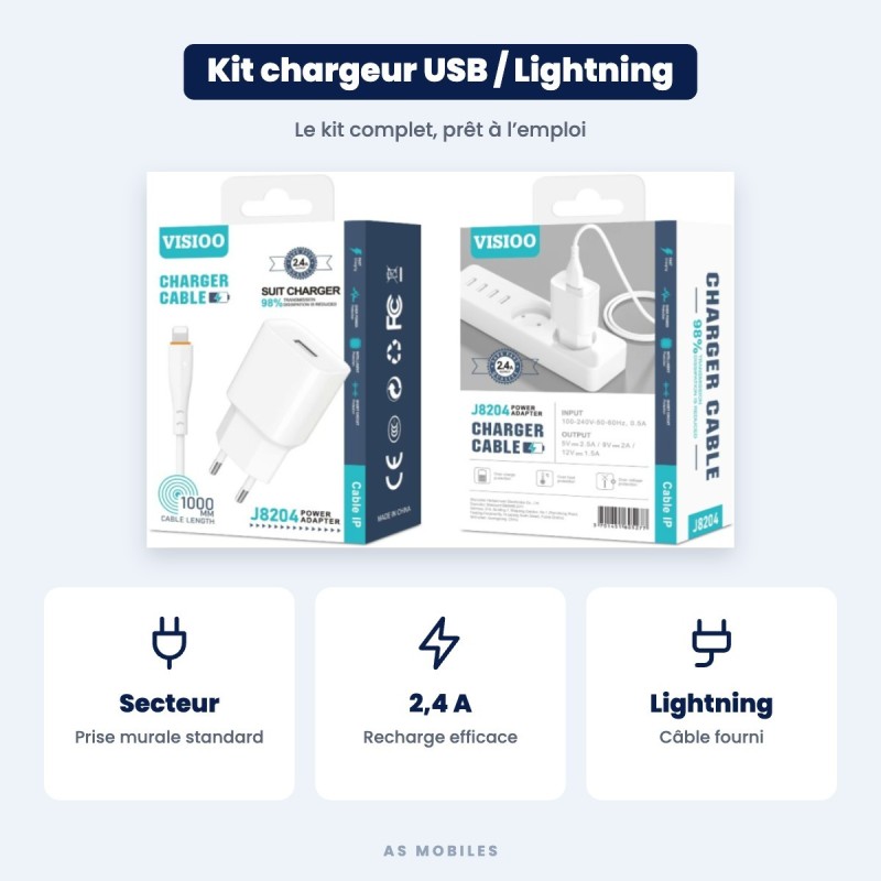 Kit chargeur USB + câble Lightning D-power J8204 | AS Mobiles