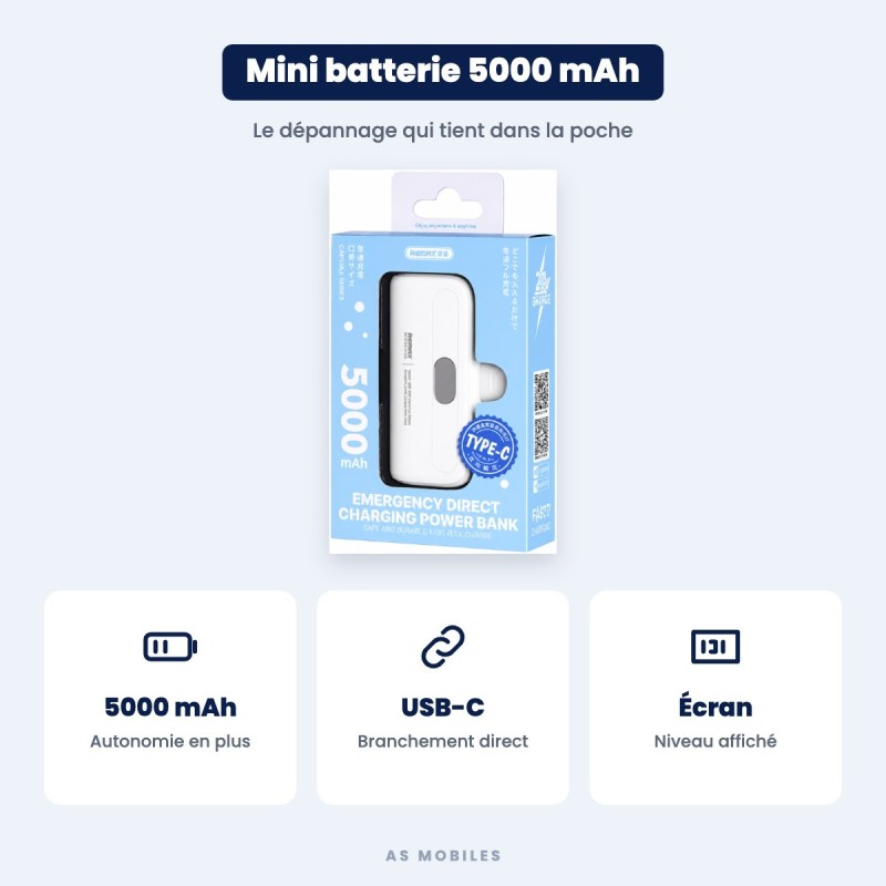 Mini batterie externe 5000 mAh USB-C REMAX | AS Mobiles
