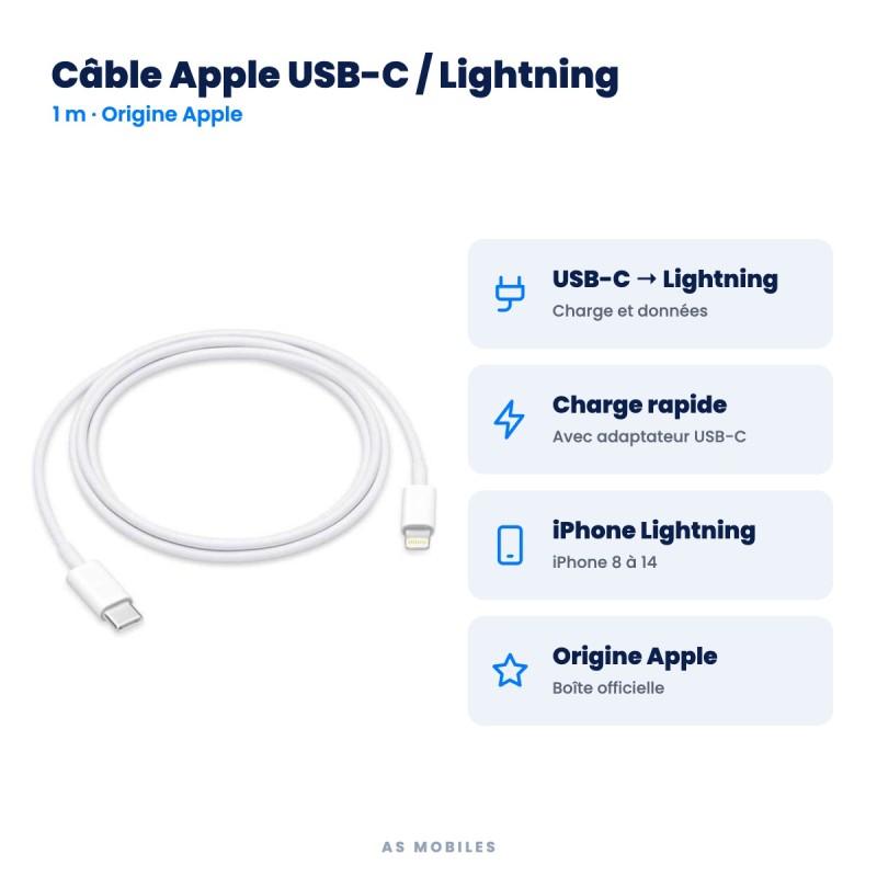 Câble Apple USB-C vers Lightning 1 m origine | AS Mobiles
