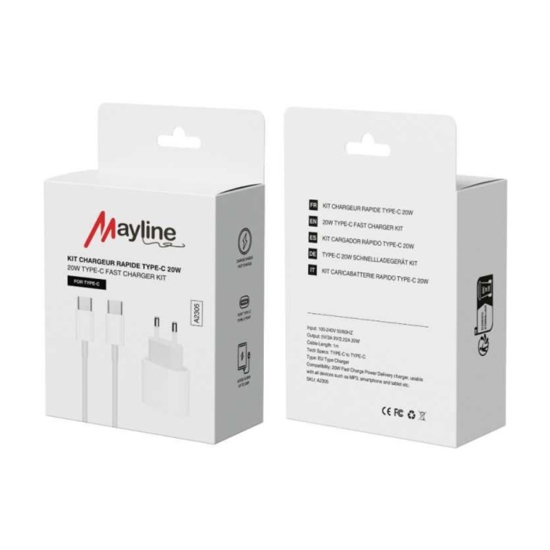 Kit chargeur rapide 20 W + câble USB-C Mayline | AS Mobiles