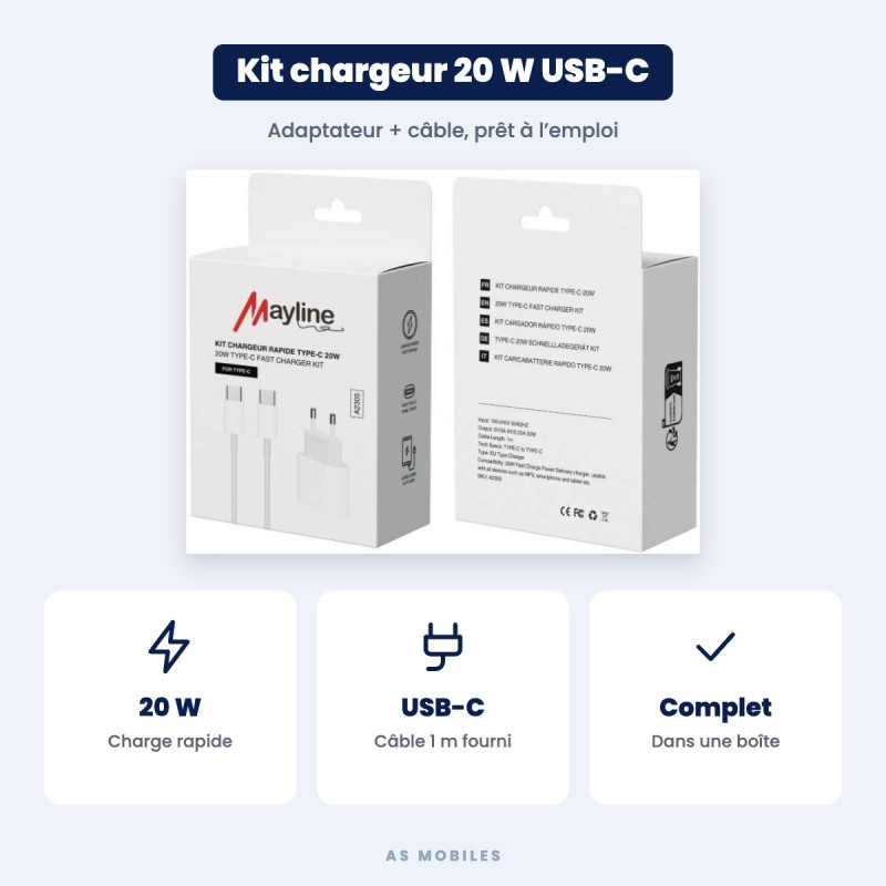 Kit chargeur rapide 20 W + câble USB-C Mayline | AS Mobiles