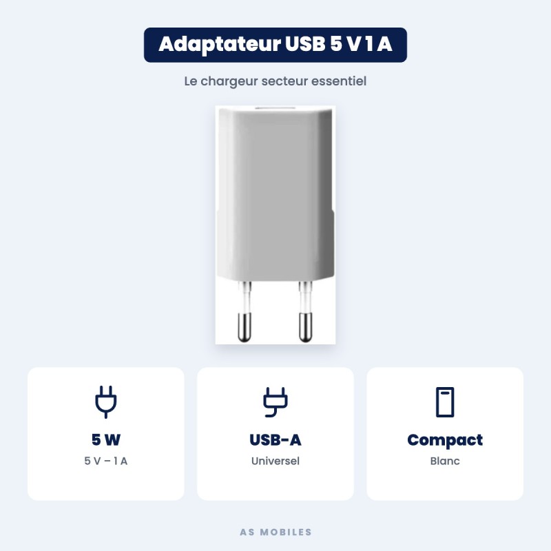 Adaptateur secteur USB 5 V 1 A blanc | AS Mobiles Guyane