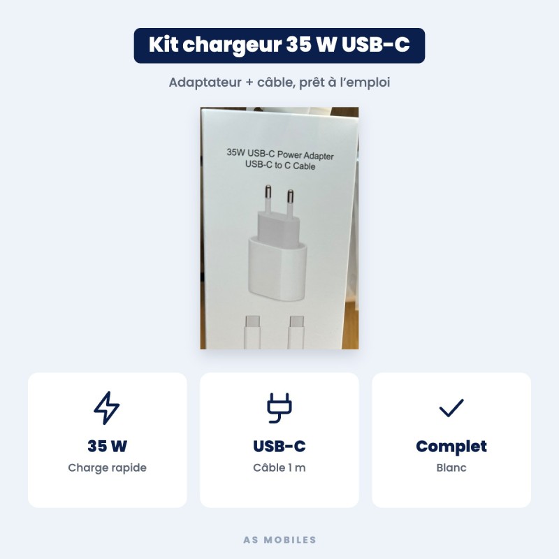 Kit chargeur 35 W USB-C + câble USB-C | AS Mobiles Guyane