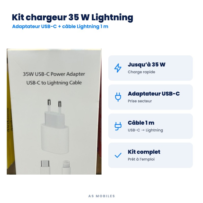 Kit chargeur 35 W USB-C + câble Lightning | AS Mobiles