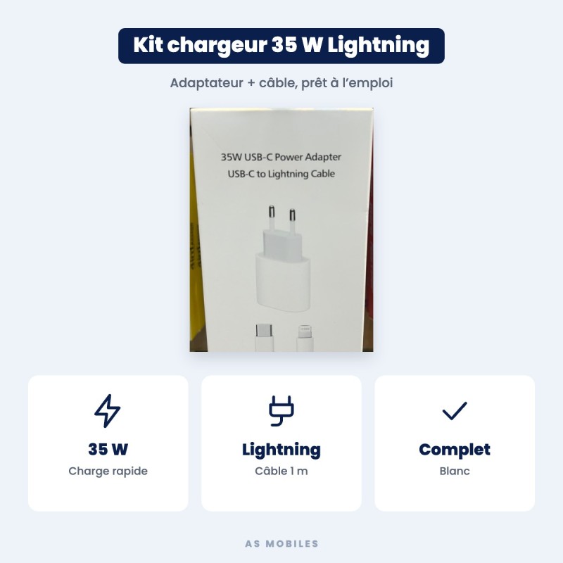 Kit chargeur 35 W USB-C + câble Lightning | AS Mobiles