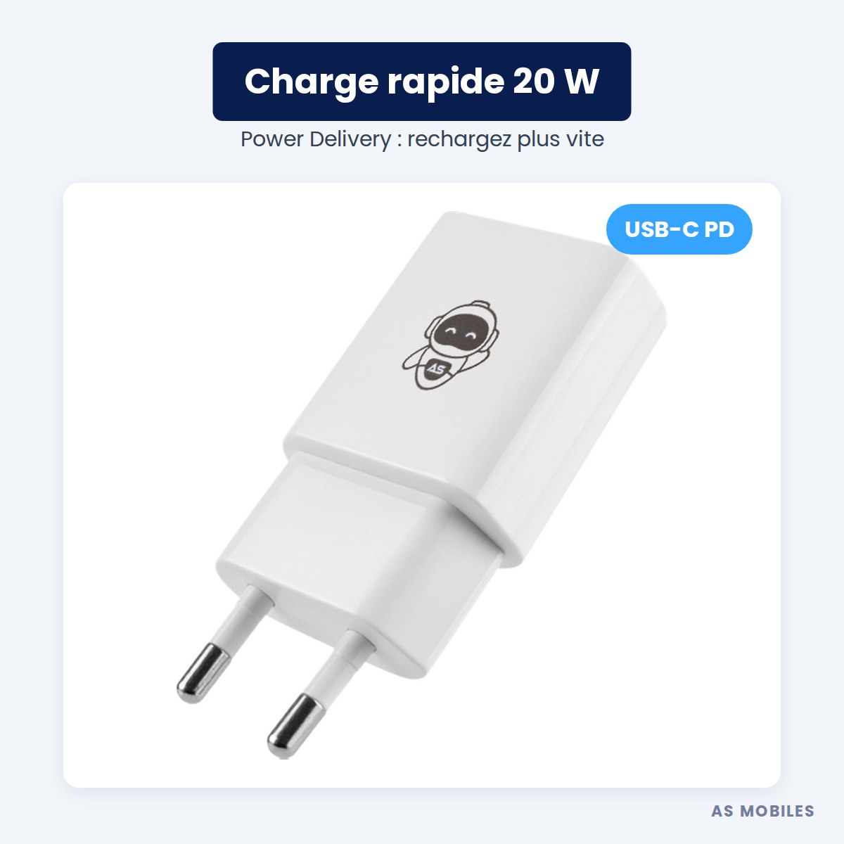 Adaptateur secteur USB-C 20W charge rapide Power Delivery AS Mobiles