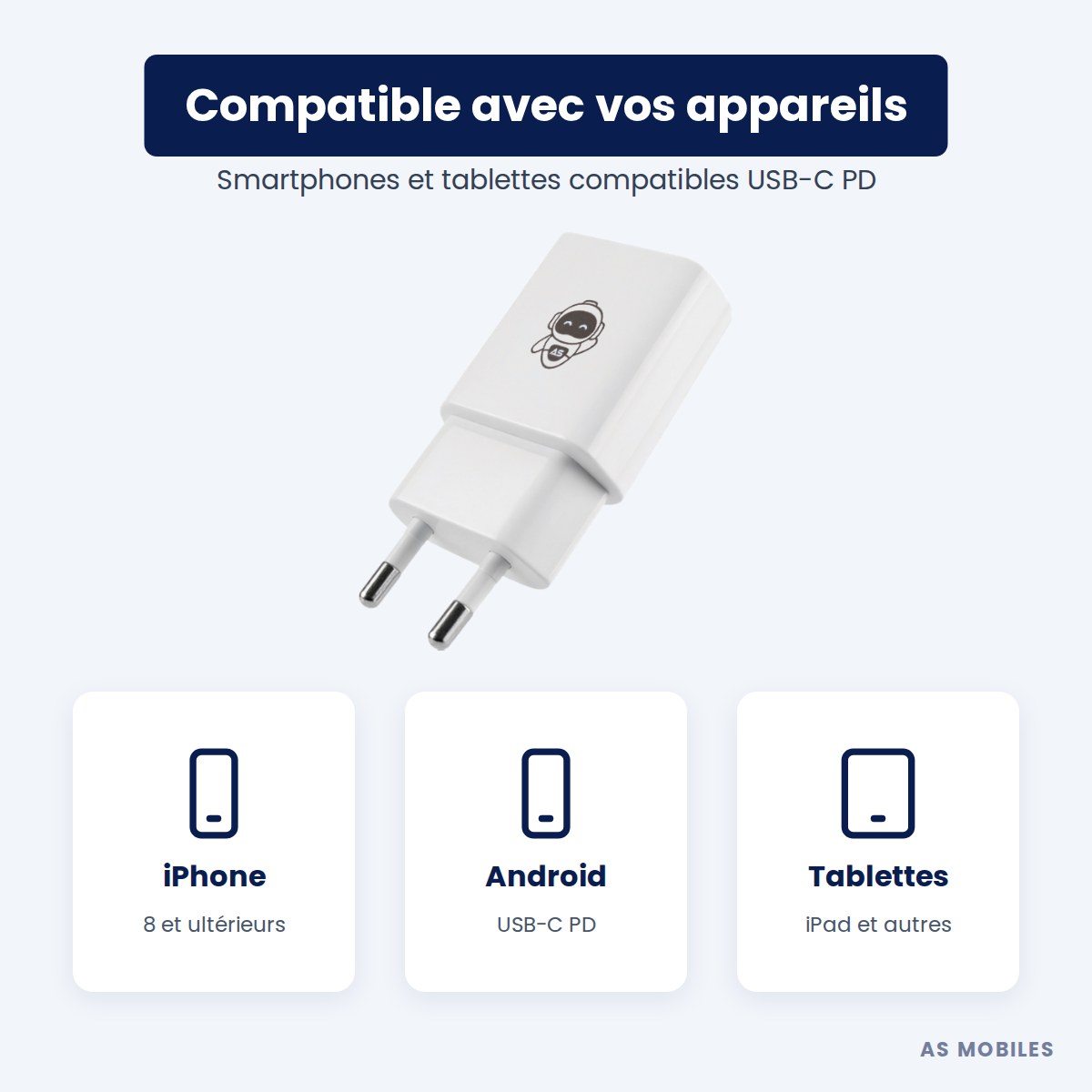 Adaptateur USB-C 20W compatible iPhone, Android et tablettes