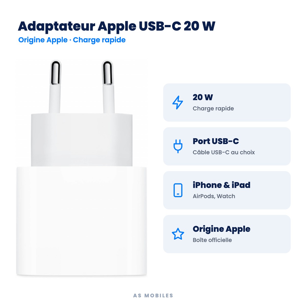 Adaptateur Apple USB-C 20 W : 20 W, Port USB-C, iPhone & iPad, Origine Apple