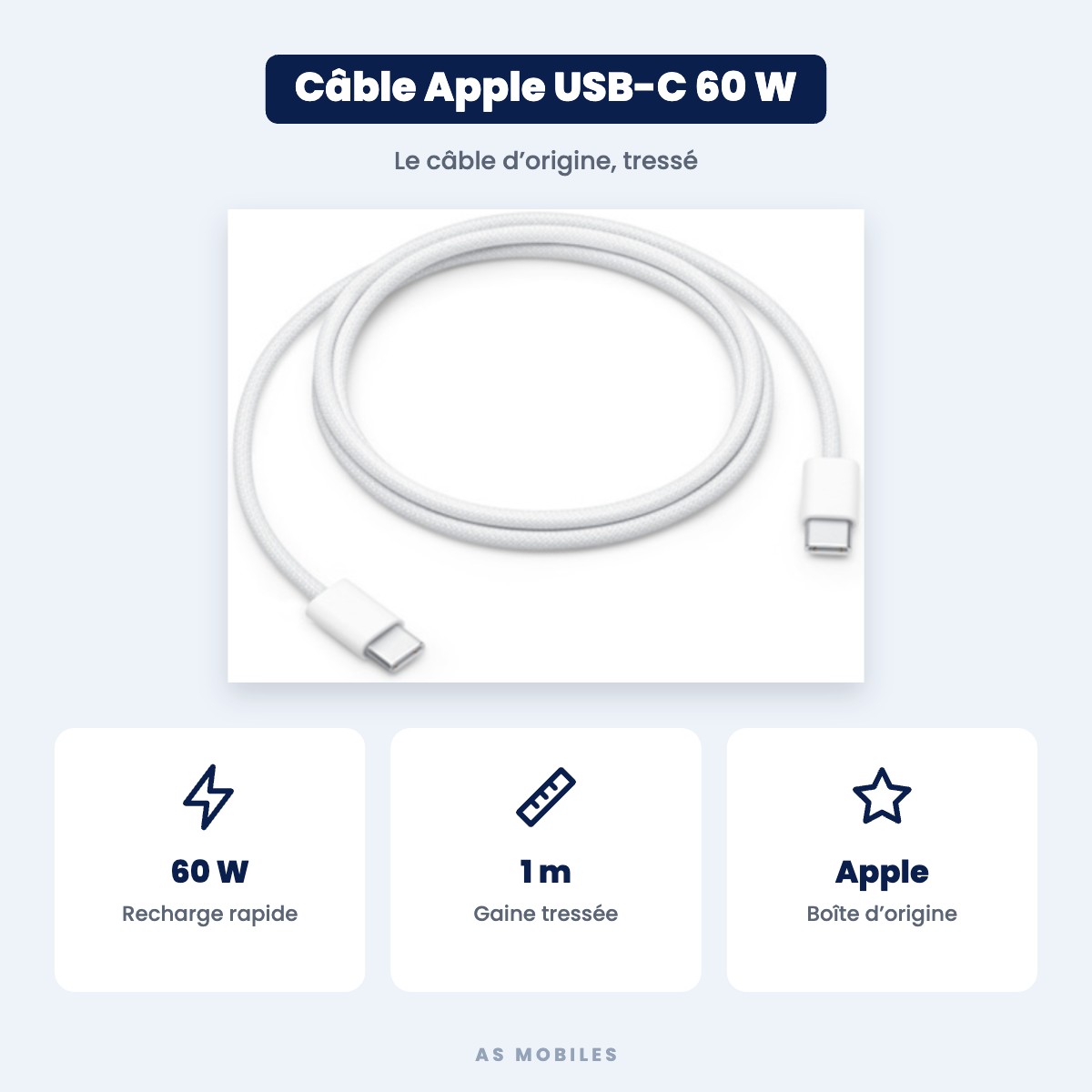 Câble Apple USB-C vers USB-C tressé 60 W – 1 m (d’origine)