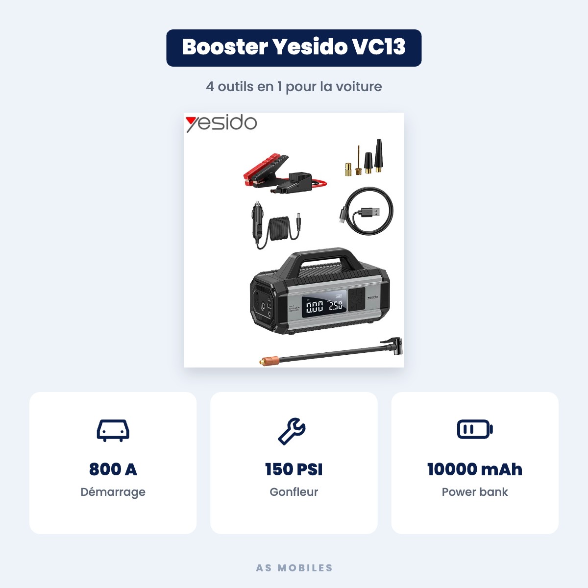 Booster de batterie voiture Yesido VC13 10000 mAh avec gonfleur 150 PSI – Noir
