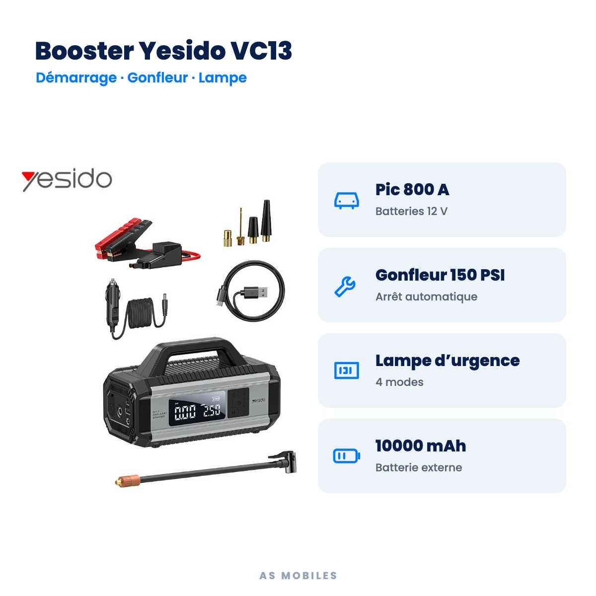 Booster Yesido VC13 : Pic 800 A, Gonfleur 150 PSI, Lampe d’urgence, 10000 mAh