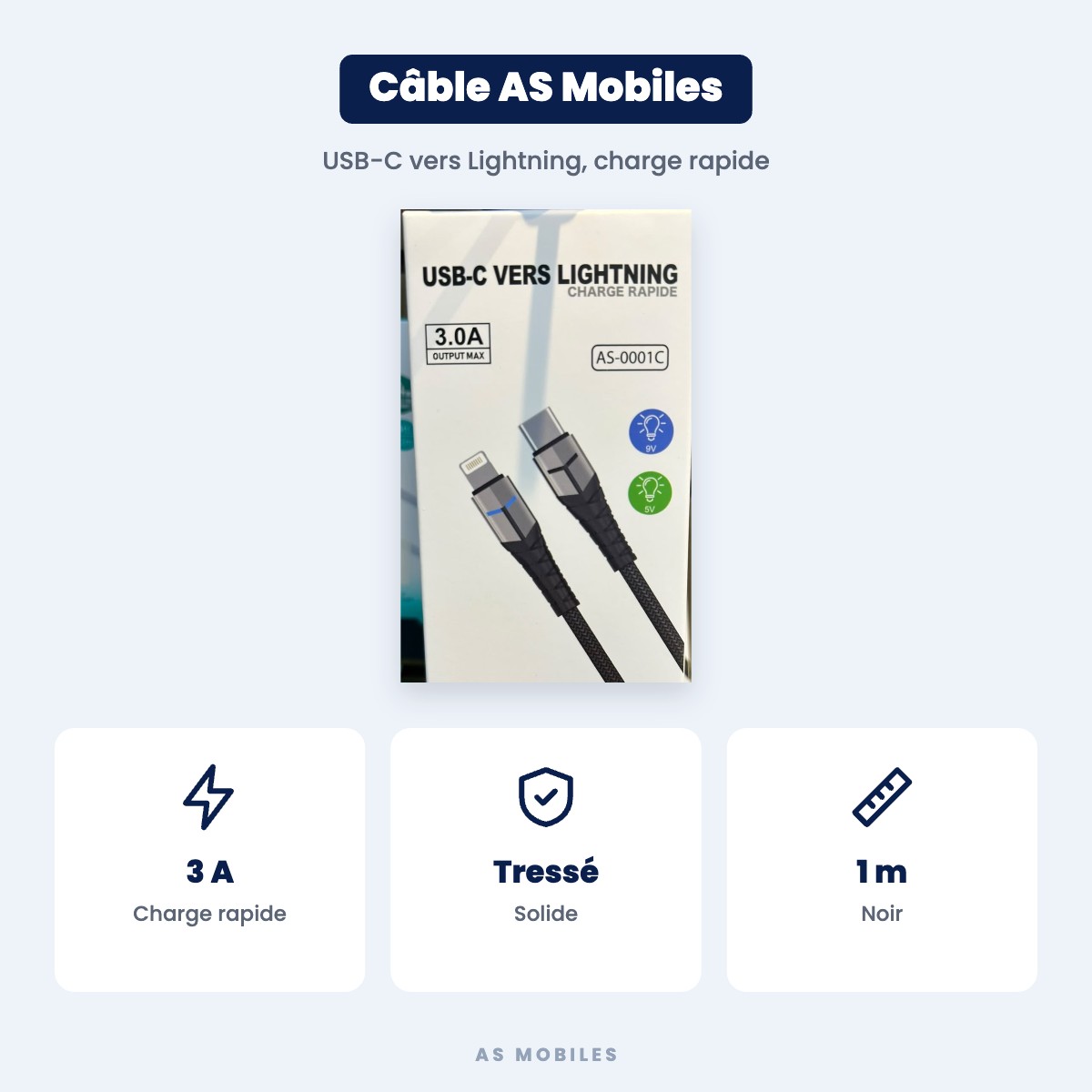 Câble AS Mobiles USB-C vers Lightning charge rapide 3 A – 1 m, Noir