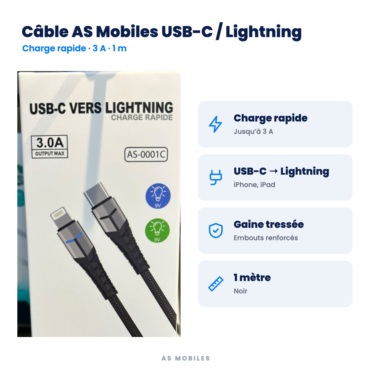 Câble AS Mobiles USB-C / Lightning : Charge rapide, USB-C → Lightning, Gaine tressée, 1 mètre