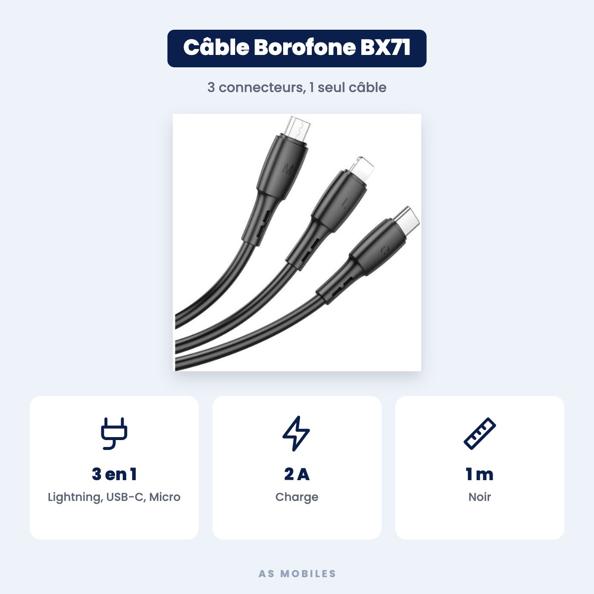 Câble 3 en 1 Borofone BX71 USB vers Lightning, USB-C et Micro-USB – 1 m, Noir