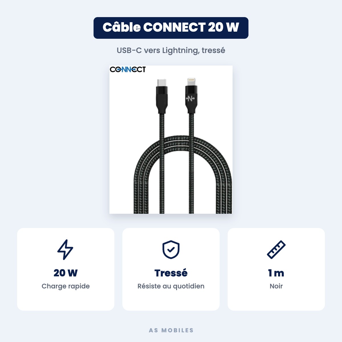 Câble CONNECT USB-C vers Lightning nylon tressé 20 W – 1 m, Noir