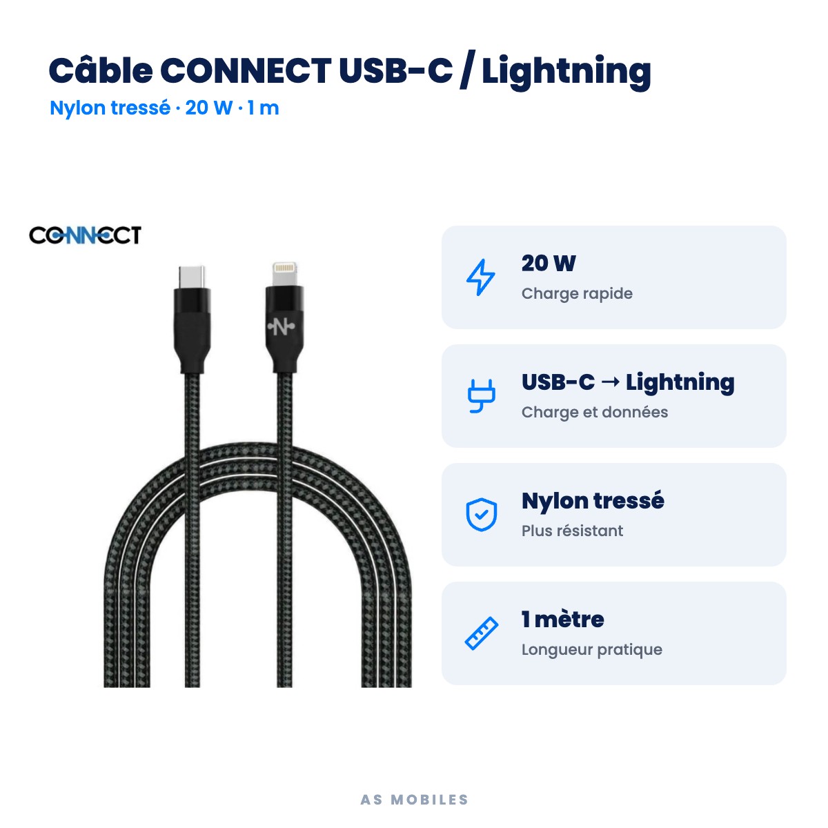 Câble CONNECT USB-C / Lightning : 20 W, USB-C → Lightning, Nylon tressé, 1 mètre