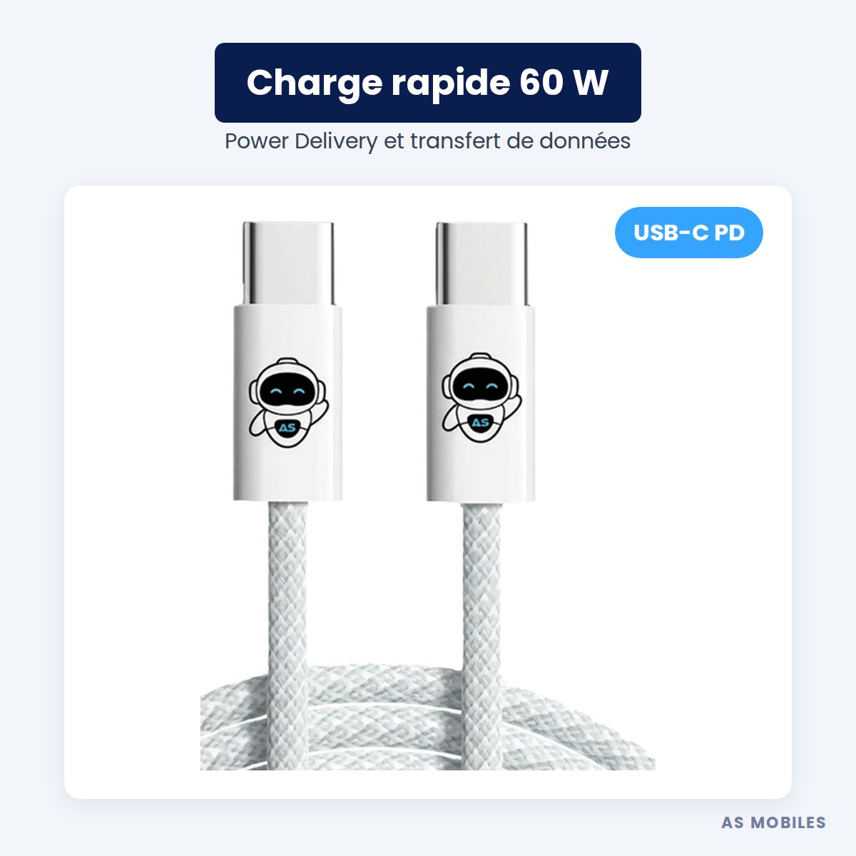 Câble USB-C vers USB-C tressé charge rapide 60W AS Mobiles