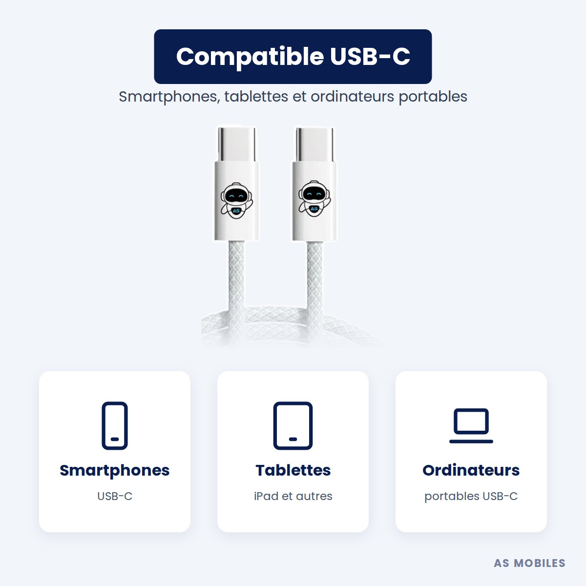 Câble USB-C compatible smartphones, tablettes et ordinateurs portables