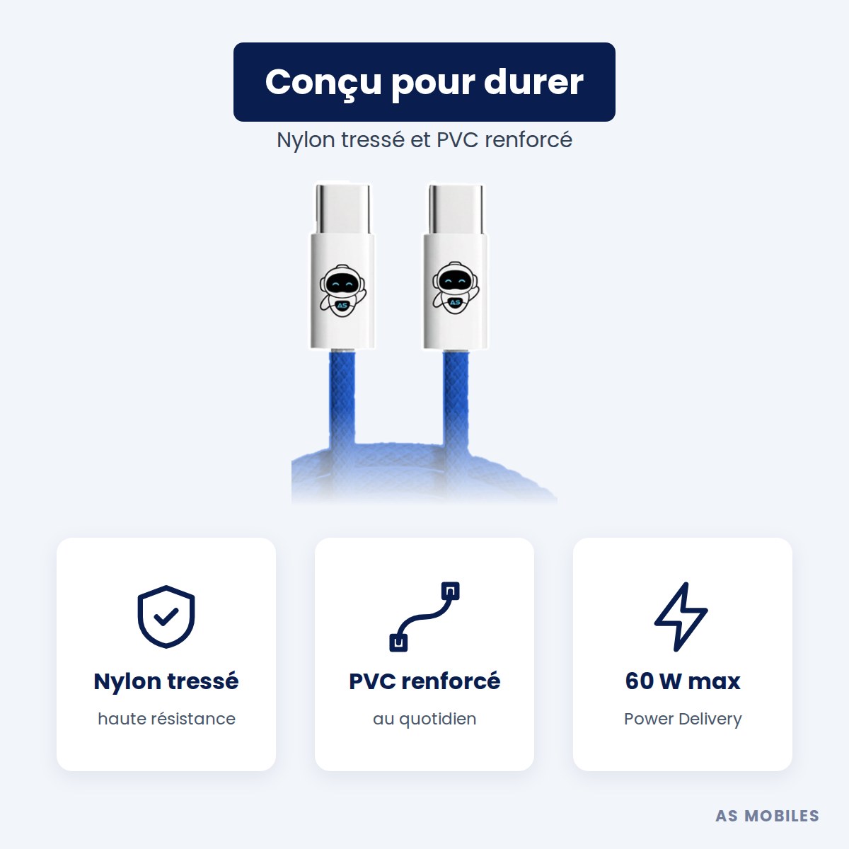Câble USB-C en nylon tressé et PVC renforcé