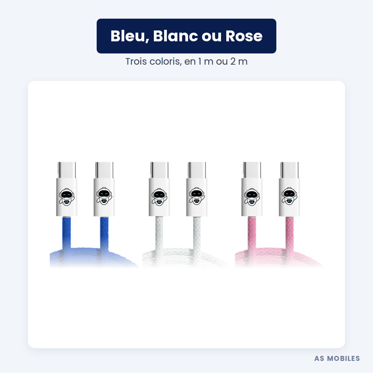 Câble USB-C AS Mobiles en bleu, blanc ou rose