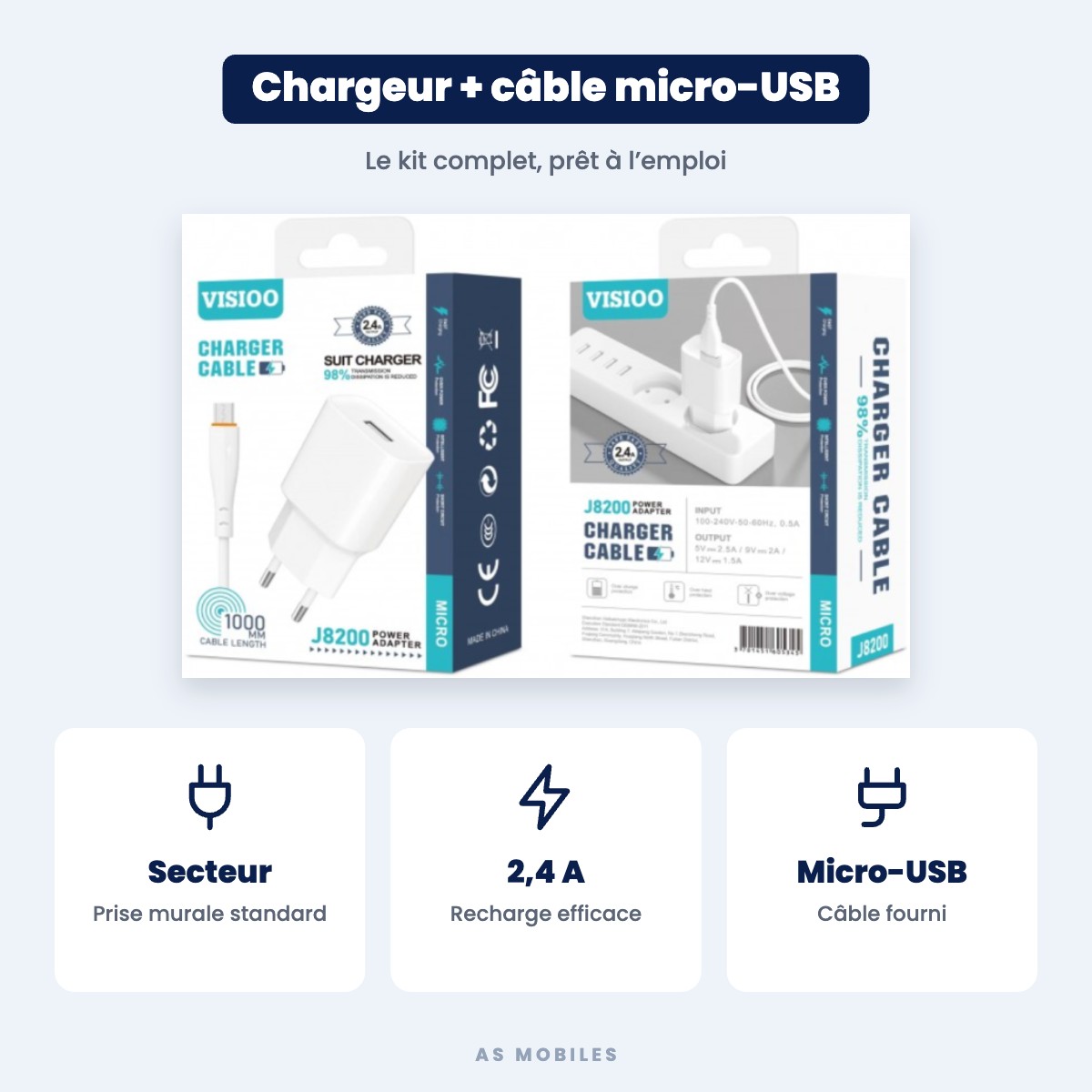 Chargeur secteur USB 2,4 A + câble micro-USB – Blanc