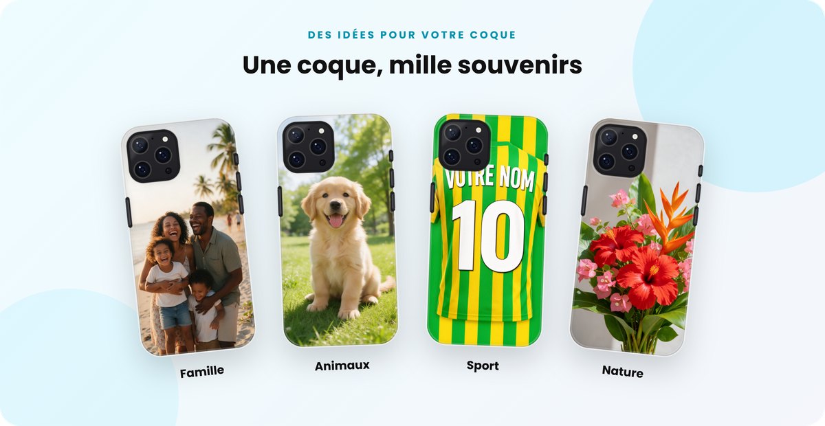 Exemples de coques personnalisées avec photo : famille, animaux, sport, nature