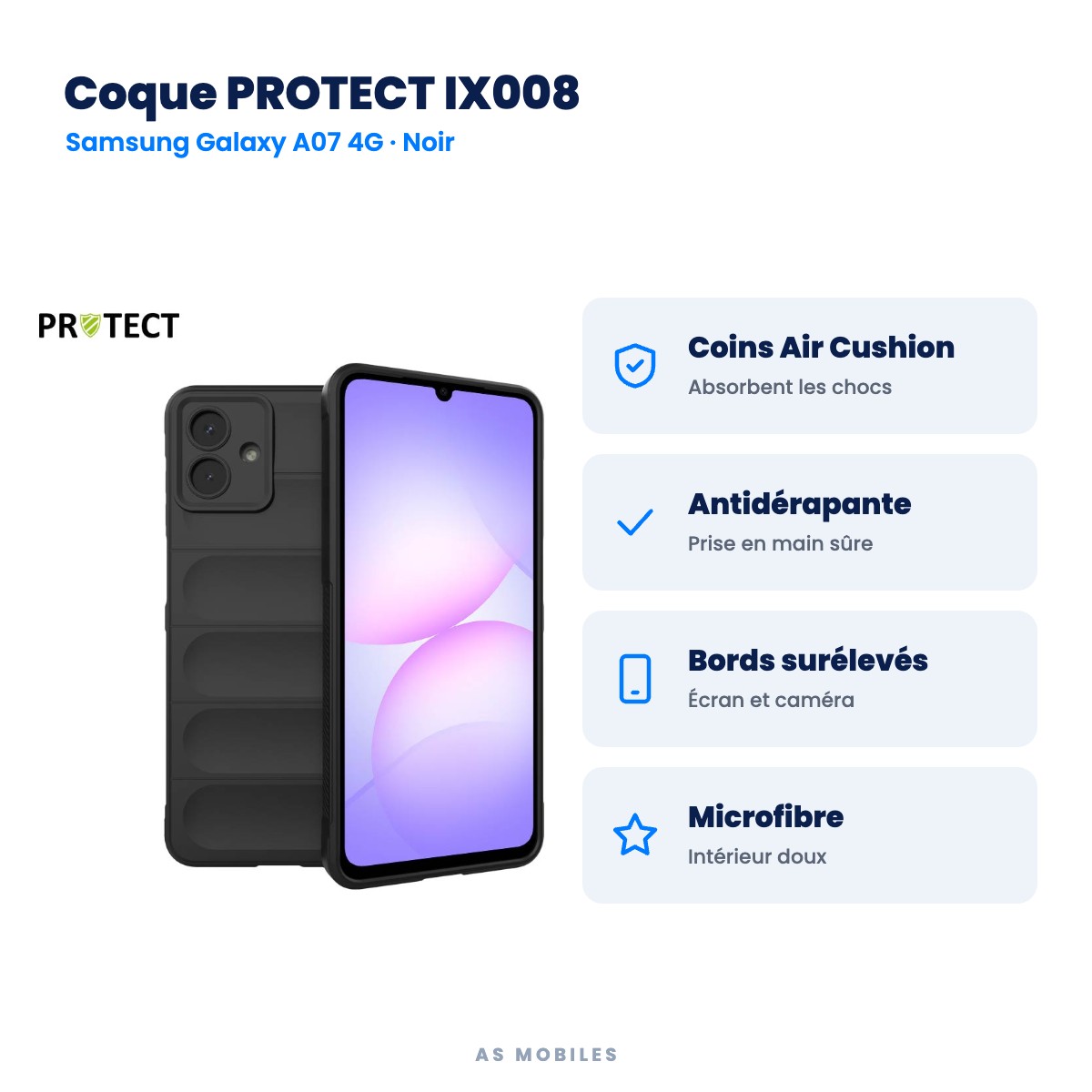 Coque PROTECT IX008 : Coins Air Cushion, Antidérapante, Bords surélevés, Microfibre