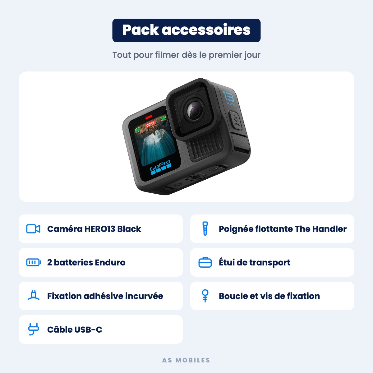 Contenu du pack GoPro HERO13 Black : poignée The Handler, 2 batteries Enduro, étui