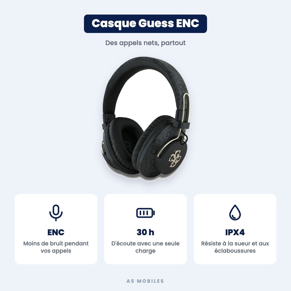 Casque Guess ENC Metal 4G Logo : 30 h d'autonomie, appels nets, IPX4
