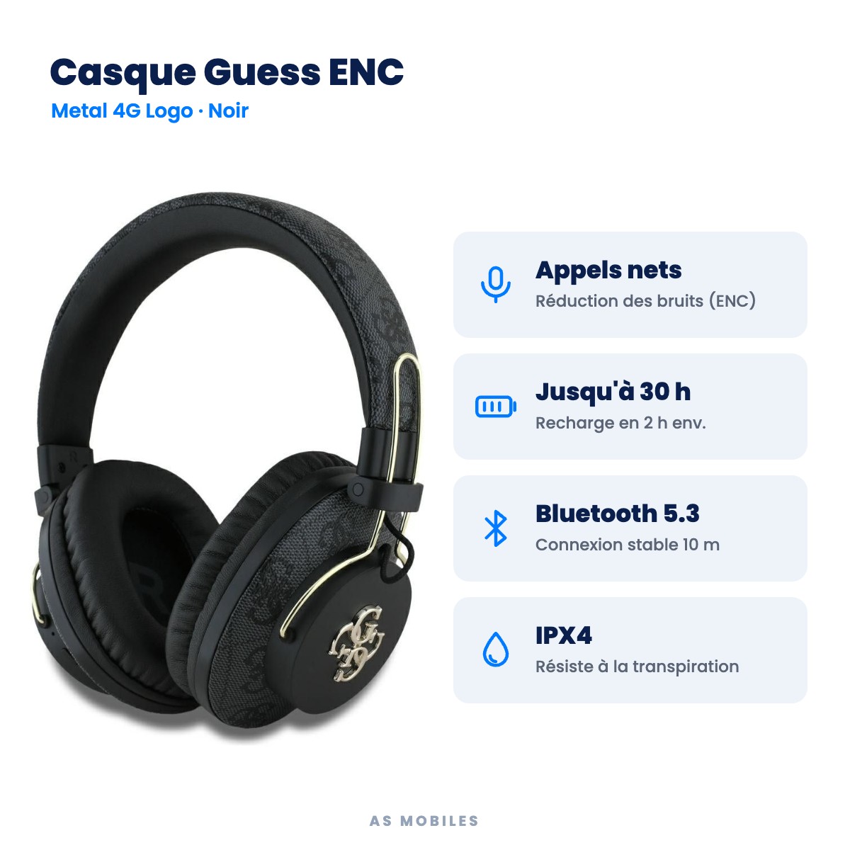 Casque Guess ENC : ENC, 30 h, Bluetooth 5.3, IPX4