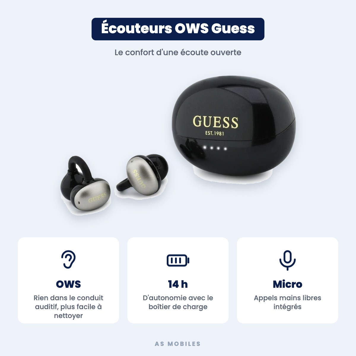 Écouteurs ouverts Guess OWS : 14 h d'autonomie avec le boîtier, micro pour les appels