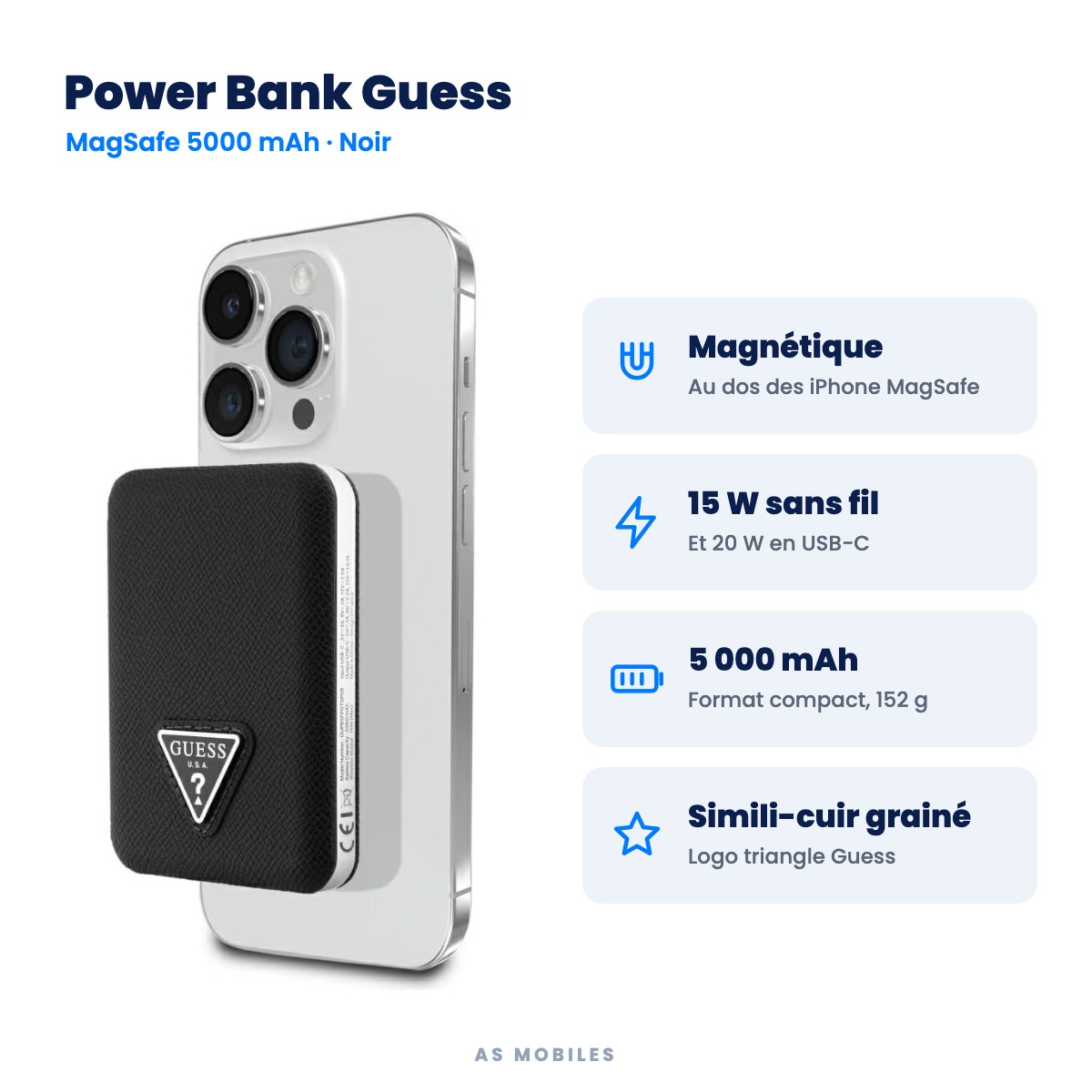 Power Bank Guess : magnétique, 15 W sans fil, 5000 mAh, simili-cuir grainé