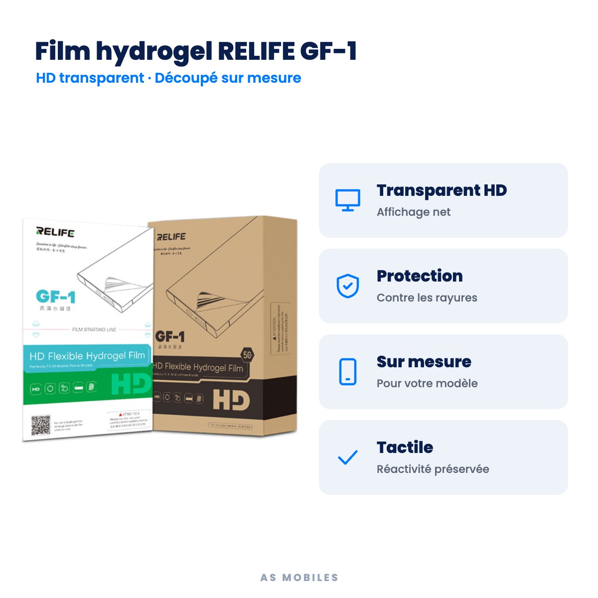 Film hydrogel RELIFE GF-1 : Transparent HD, Protection, Sur mesure, Tactile