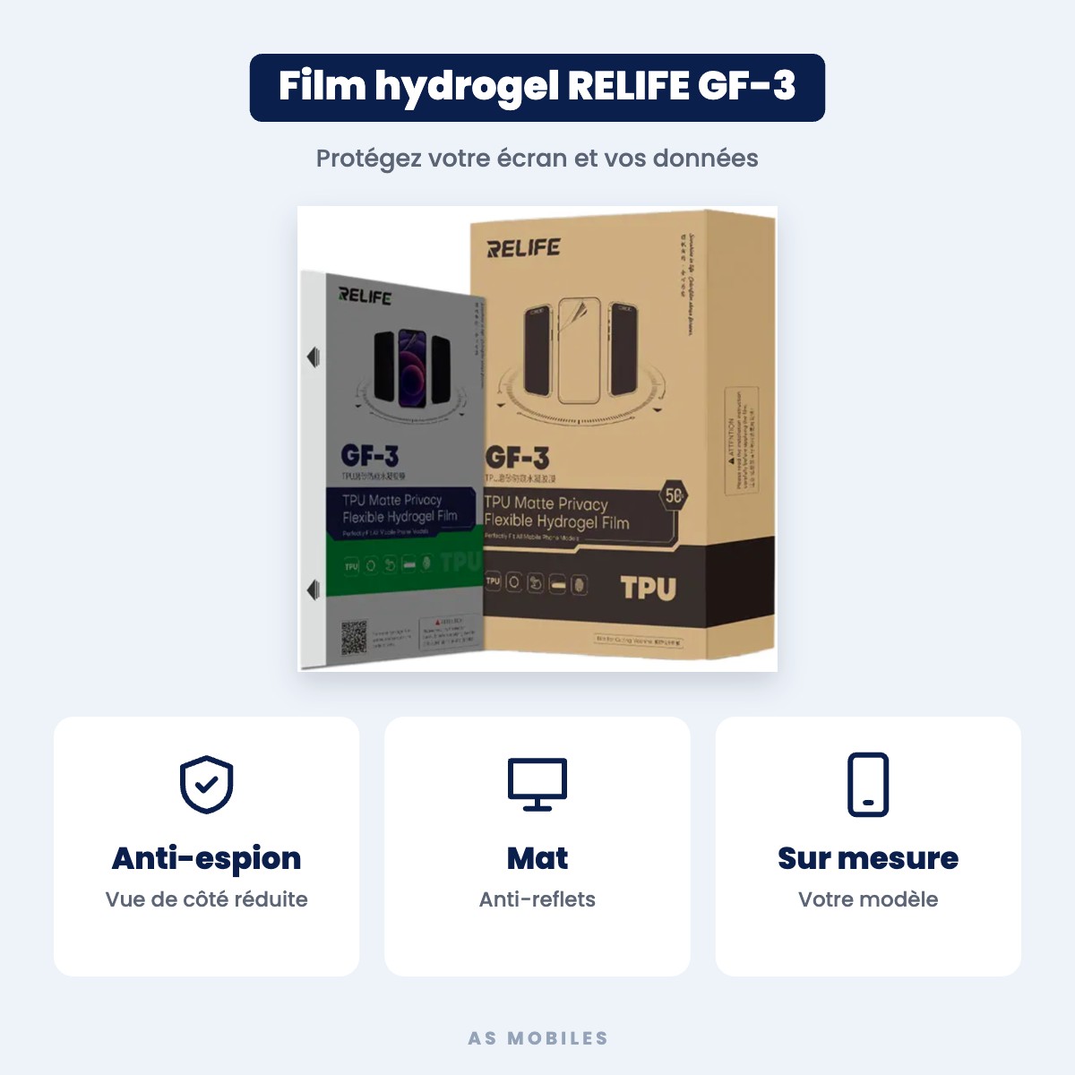 Film de protection hydrogel mat anti-espion RELIFE GF-3 – découpé sur mesure